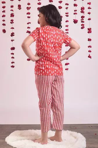 Red cotton woven girls top and pant set