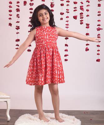Red cotton woven Animal Printed dress 1