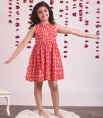 Red cotton woven Animal Printed dress