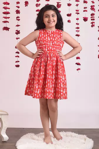 Red cotton woven Animal Printed dress