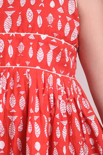 Red cotton woven Animal Printed dress