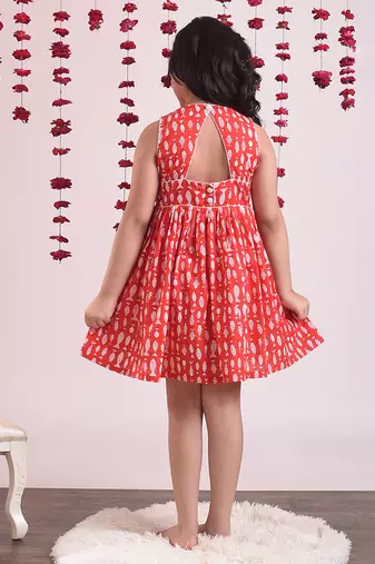 Red cotton woven Animal Printed dress