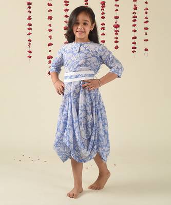 Blue cotton woven Floral Printed dress 1
