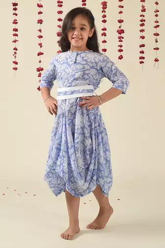 Blue cotton woven Floral Printed dress