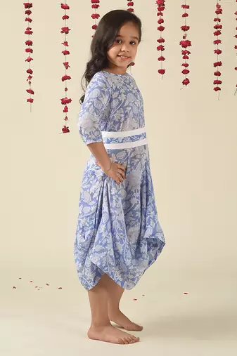 Blue cotton woven Floral Printed dress
