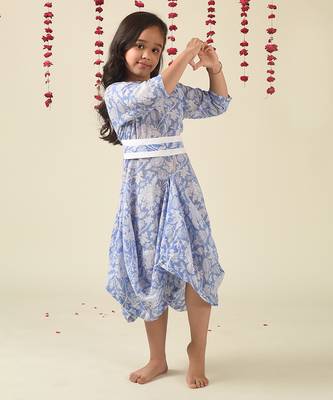 Blue cotton woven Floral Printed dress 3