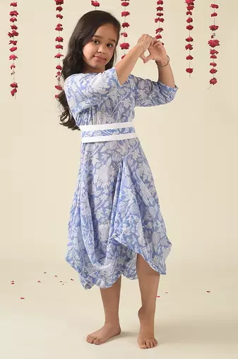 Blue cotton woven Floral Printed dress