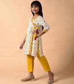 White cotton woven girls kurta pant set