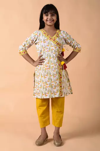 White cotton woven girls kurta pant set