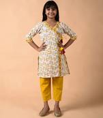 White cotton woven girls kurta pant set