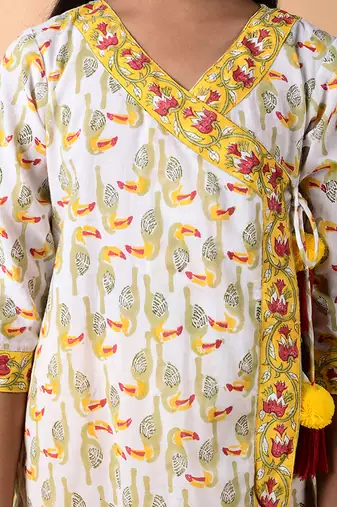 White cotton woven girls kurta pant set