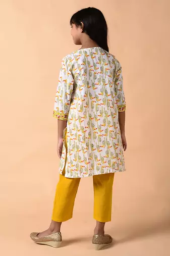 White cotton woven girls kurta pant set