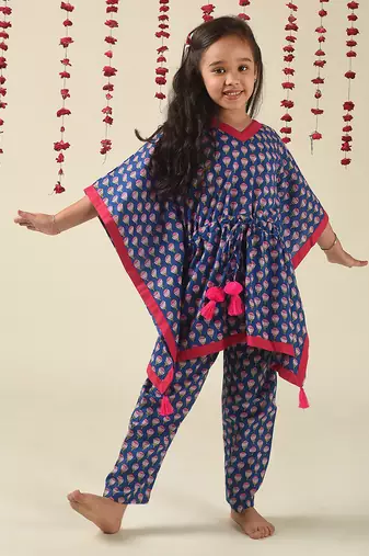 Blue woven cotton girls kurta pant set