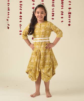 Gold cotton woven Printed dress for Girls 1