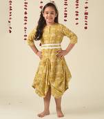 Gold cotton woven Printed dress for Girls