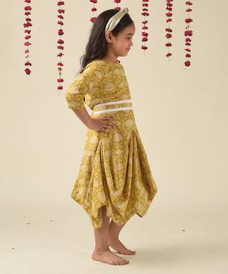 Gold cotton woven Printed dress for Girls 3