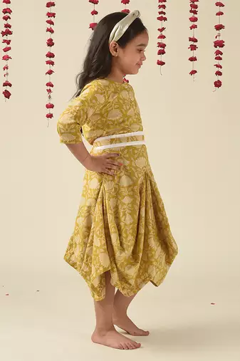 Gold cotton woven Printed dress for Girls
