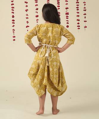 Gold cotton woven Printed dress for Girls 4