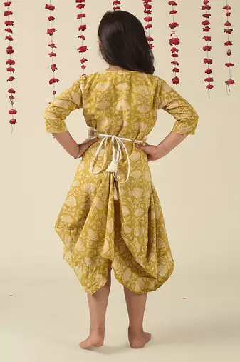 Gold cotton woven Printed dress for Girls