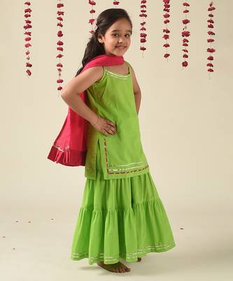 Green cotton woven girls clothing set 2