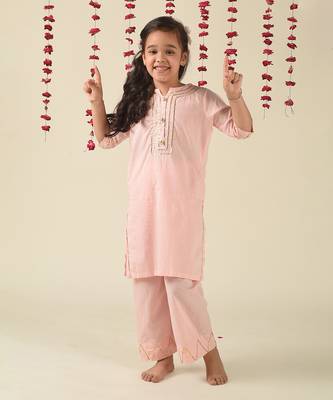 Pink cotton woven girls kurta pant set 1