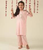 Pink cotton woven girls kurta pant set