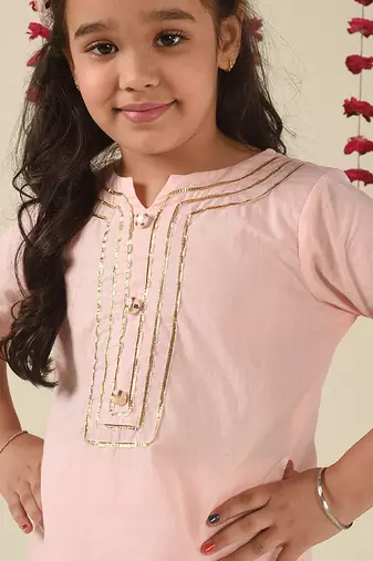 Pink cotton woven girls kurta pant set