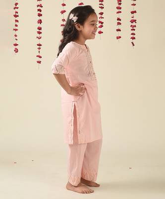 Pink cotton woven girls kurta pant set 3