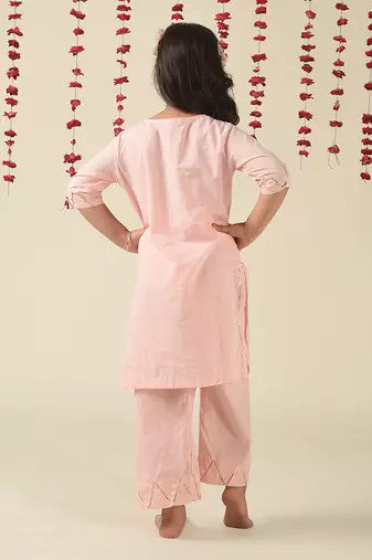 Pink cotton woven girls kurta pant set