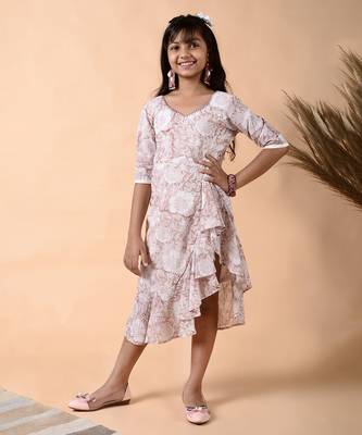 Beige cotton woven Floral printed dress 1