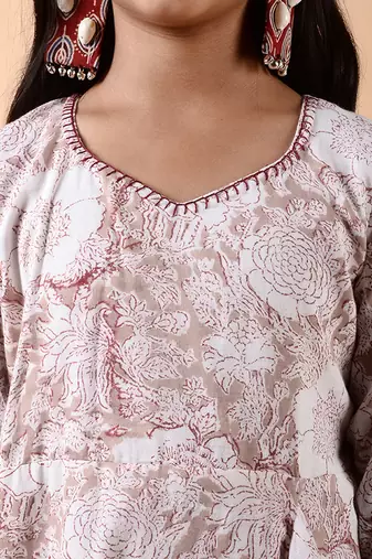 Beige cotton woven Floral printed dress