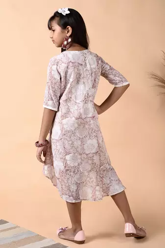Beige cotton woven Floral printed dress