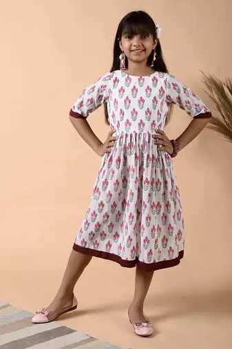 Maroon cotton woven Floral Printed dress