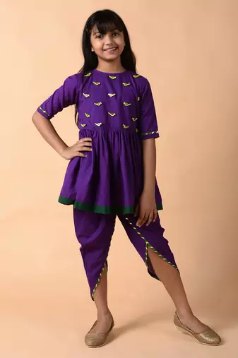 Blue woven cotton  girls kurta pant set