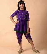 Blue woven cotton  girls kurta pant set