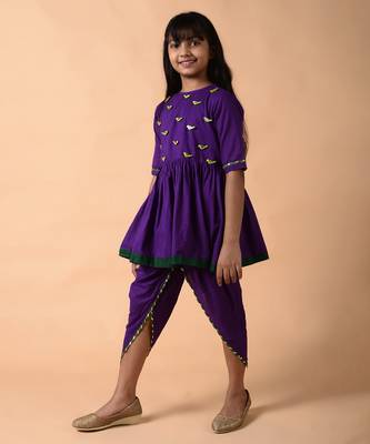 Blue woven cotton  girls kurta pant set 2