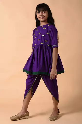 Blue woven cotton  girls kurta pant set