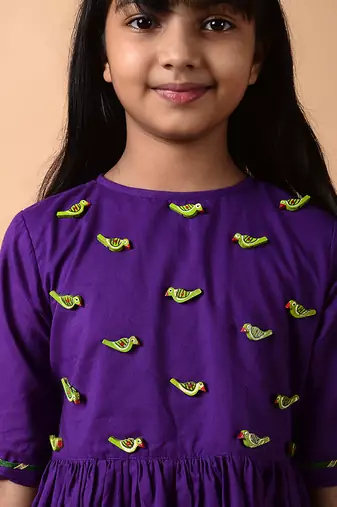 Blue woven cotton  girls kurta pant set