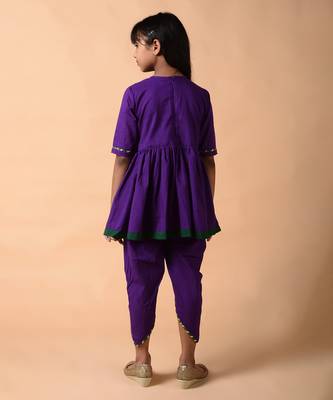 Blue woven cotton  girls kurta pant set 4