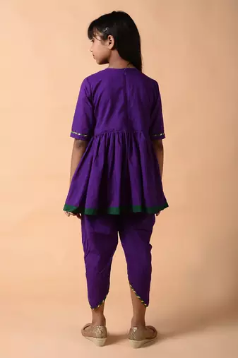 Blue woven cotton  girls kurta pant set
