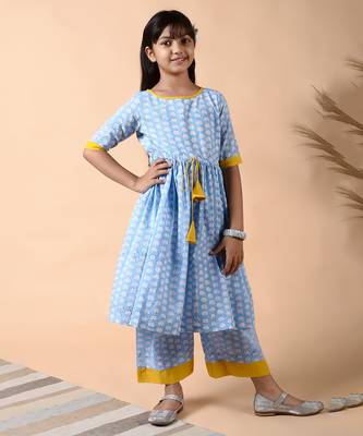Blue cotton woven girls kurta pant set 1