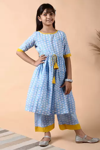 Blue cotton woven girls kurta pant set