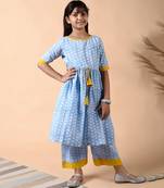Blue cotton woven girls kurta pant set