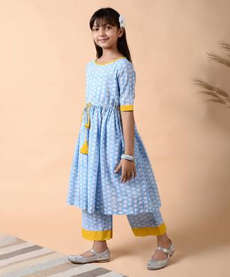 Blue cotton woven girls kurta pant set 2