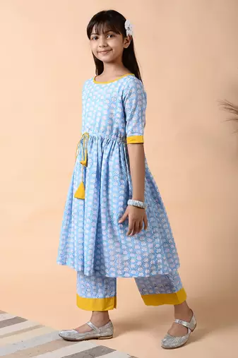 Blue cotton woven girls kurta pant set