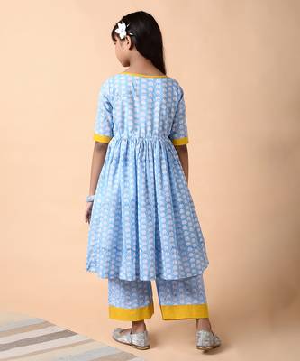 Blue cotton woven girls kurta pant set 3
