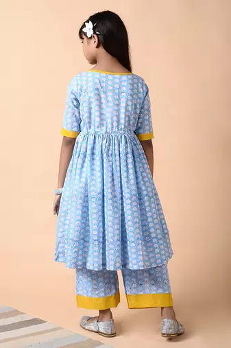 Blue cotton woven girls kurta pant set