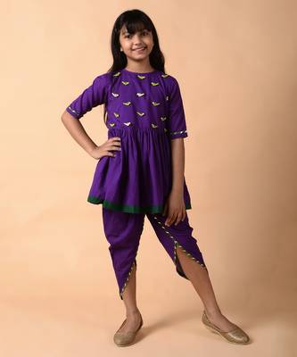 Violet cotton woven girls kurta pant set 1