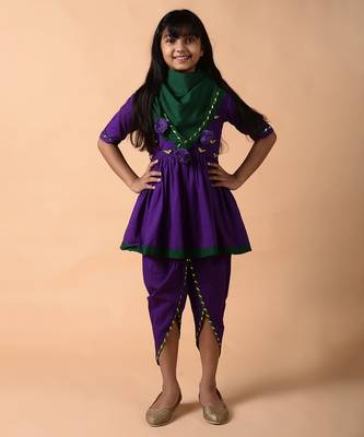 Violet cotton woven girls kurta pant set 2