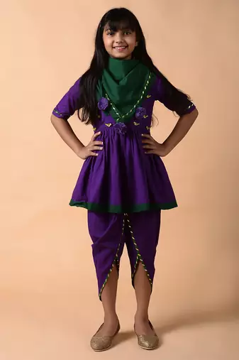Violet cotton woven girls kurta pant set